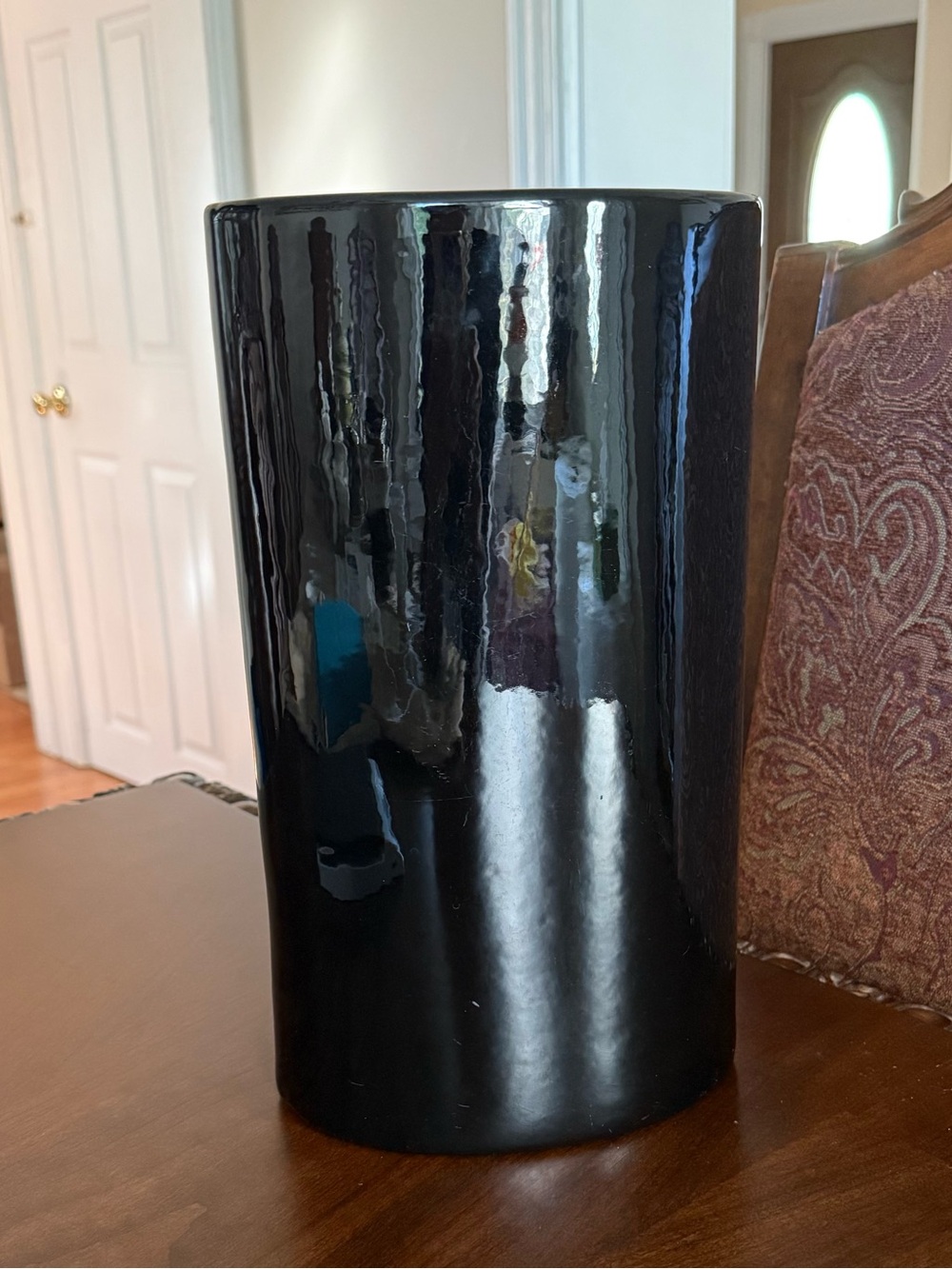 Vintage Black Gloss Cylindrical Ceramic Vase 13.25”x7”x4.5”